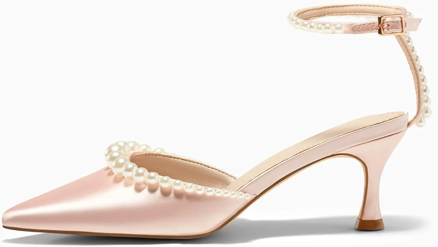 Coutgo Womens Pearl Kitten Heels Closed Pointed Toe Wedding Bride Dress Shoes Ankle Strap Satin Pumps