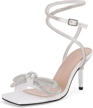 Coutgo Womens Rhinestone Bow Heels Sandals Strappy Lace Up Stiletto Satin Pumps Wedding Dress Shoes