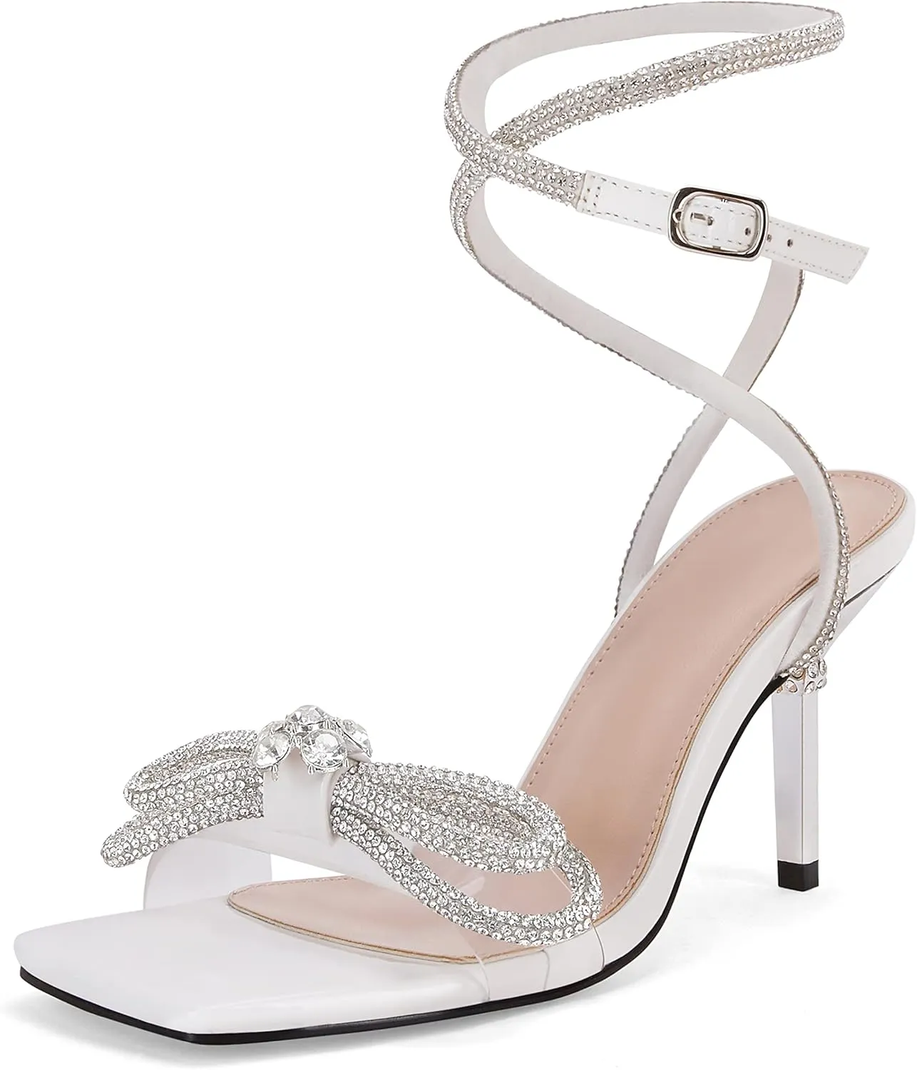 Coutgo Womens Rhinestone Bow Heels Sandals Strappy Lace Up Stiletto Satin Pumps Wedding Dress Shoes
