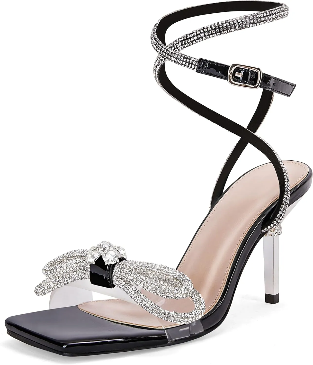 Coutgo Womens Rhinestone Bow Heels Sandals Strappy Lace Up Stiletto Satin Pumps Wedding Dress Shoes