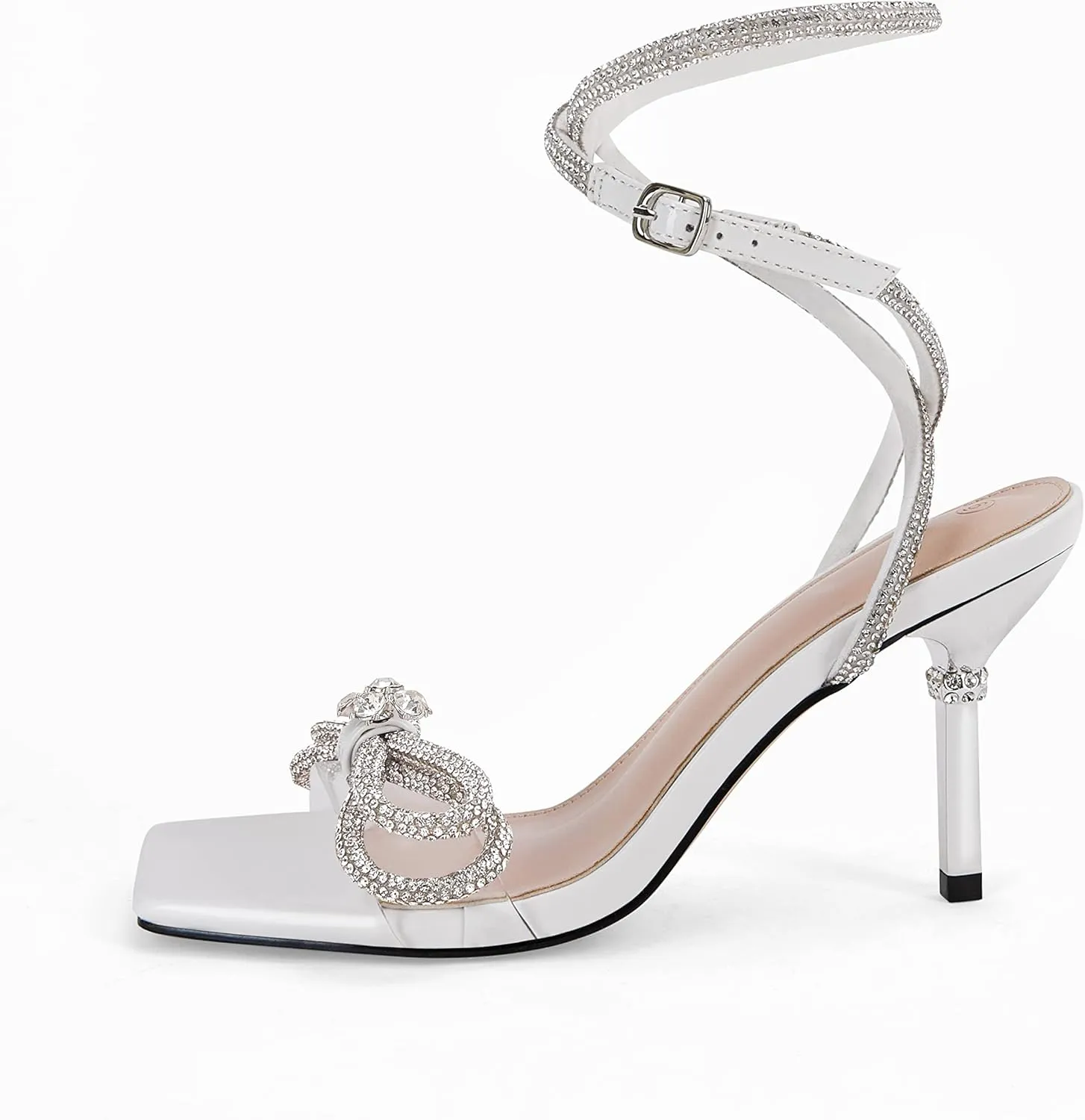 Coutgo Womens Rhinestone Bow Heels Sandals Strappy Lace Up Stiletto Satin Pumps Wedding Dress Shoes