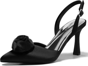 Coutgo Womens Slingback High Heels Closed Pointed Toe D'Orsay Satin Buckle Pumps Flower Wedding Dress Shoes