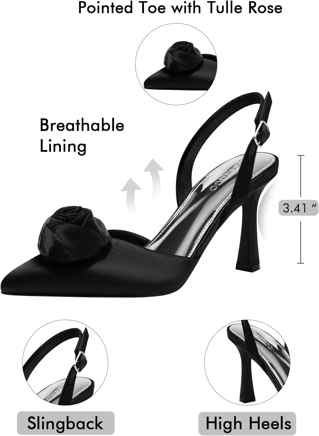 Coutgo Womens Slingback High Heels Closed Pointed Toe D'Orsay Satin Buckle Pumps Flower Wedding Dress Shoes