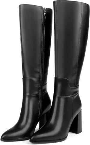 Dance&Style Women's Leather Boots Block Heels Shoes Fall Boots Knee High 30-Black 7.5 US