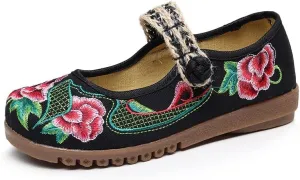Dear Time Women's Embroidered Flower Cloth Flat Shoes Ethnic Chinese Style Round Toe Mary Jane Ballet Oxfords Shoes