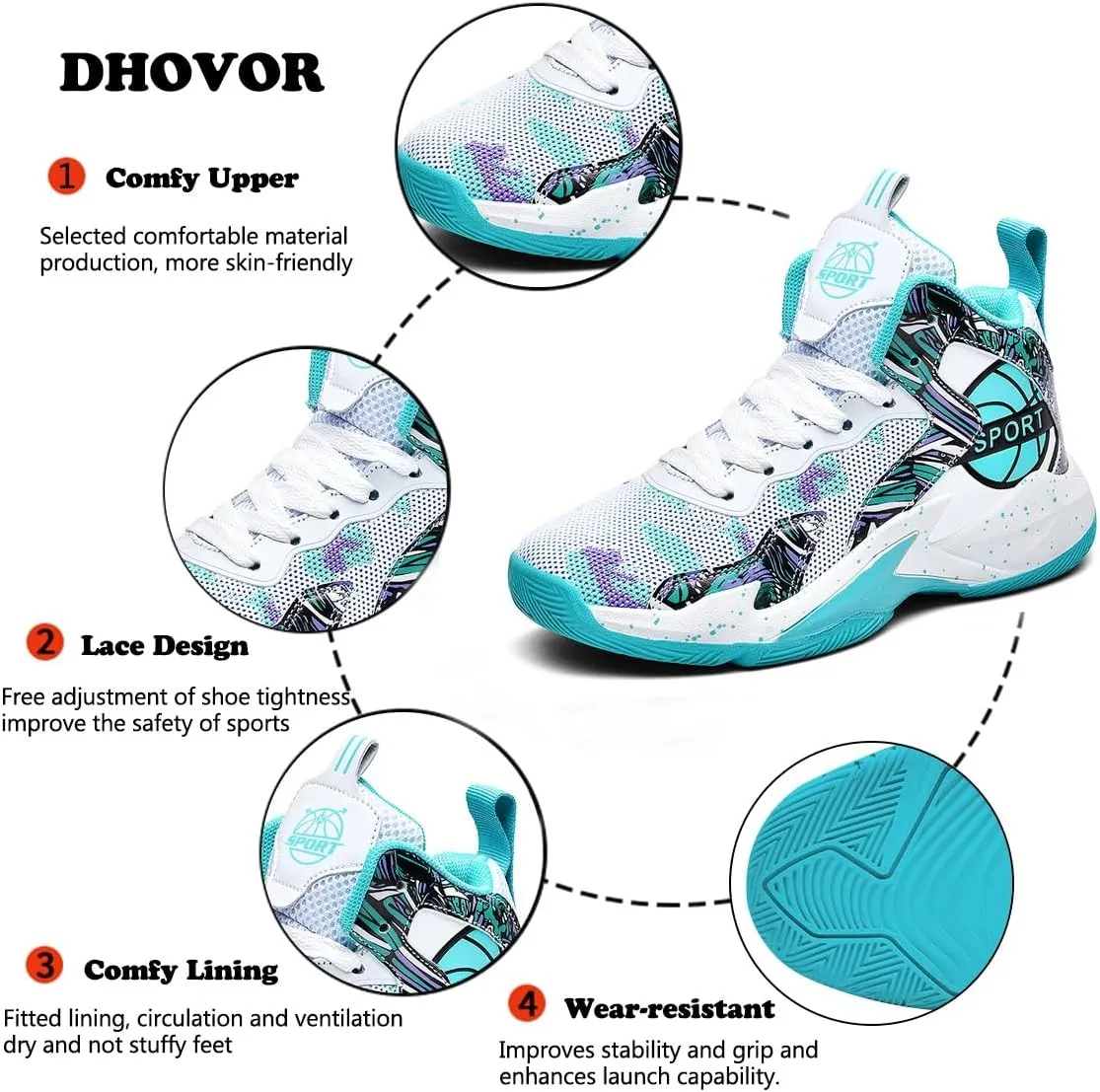 DHOVOR Boys Basketball Shoes Kids Athletic Shoes Fashion Sneakers Non-Slip Tennis Shoes Boys Running Shoes (Little Kid/Big Kid)