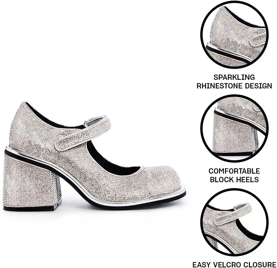 Dolls Kill Desire Me Rhinestone Mary Janes by Sugar Thrillz  Pumps with Sparkling Rhinestones, Block Heels, and Hook-and-Loop Closure, Perfect for Parties and Nights Out