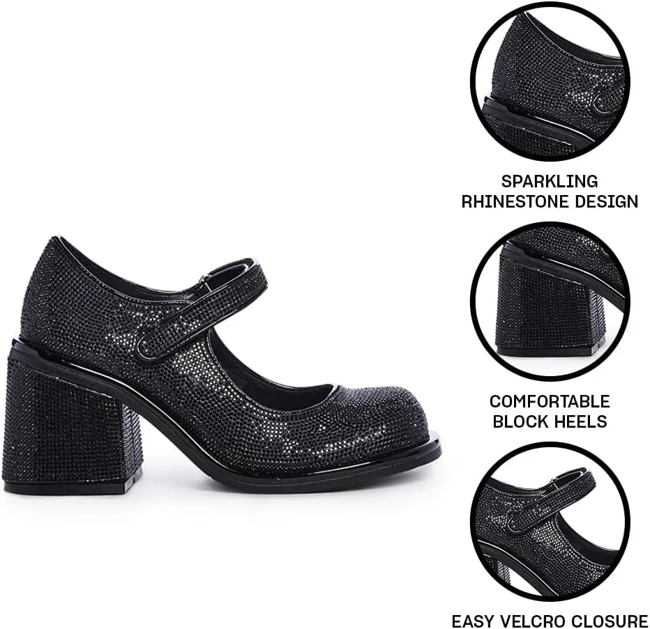Dolls Kill Desire Me Rhinestone Mary Janes by Sugar Thrillz  Pumps with Sparkling Rhinestones, Block Heels, and Hook-and-Loop Closure, Perfect for Parties and Nights Out