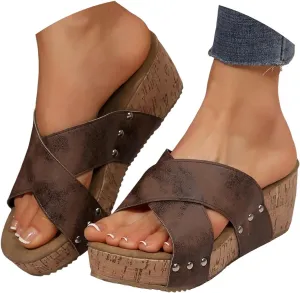 Eduavar Sandals Women Dressy Summer Flat, Sandals Women Fashion Dressy Ring Toe Platform Wedge Sandals Slip On Shoes