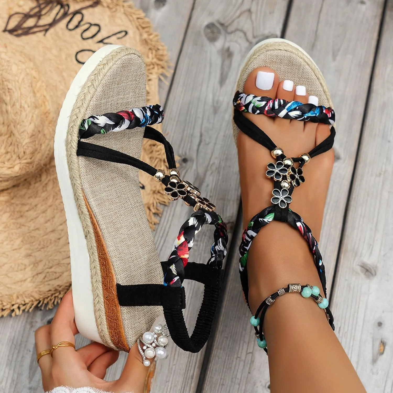 Eduavar Sandals Women Open Toe Buckle Ankle Strap Espadrilles Flatform Wedge Casual Sandal for Dressy Casual Summers Beach