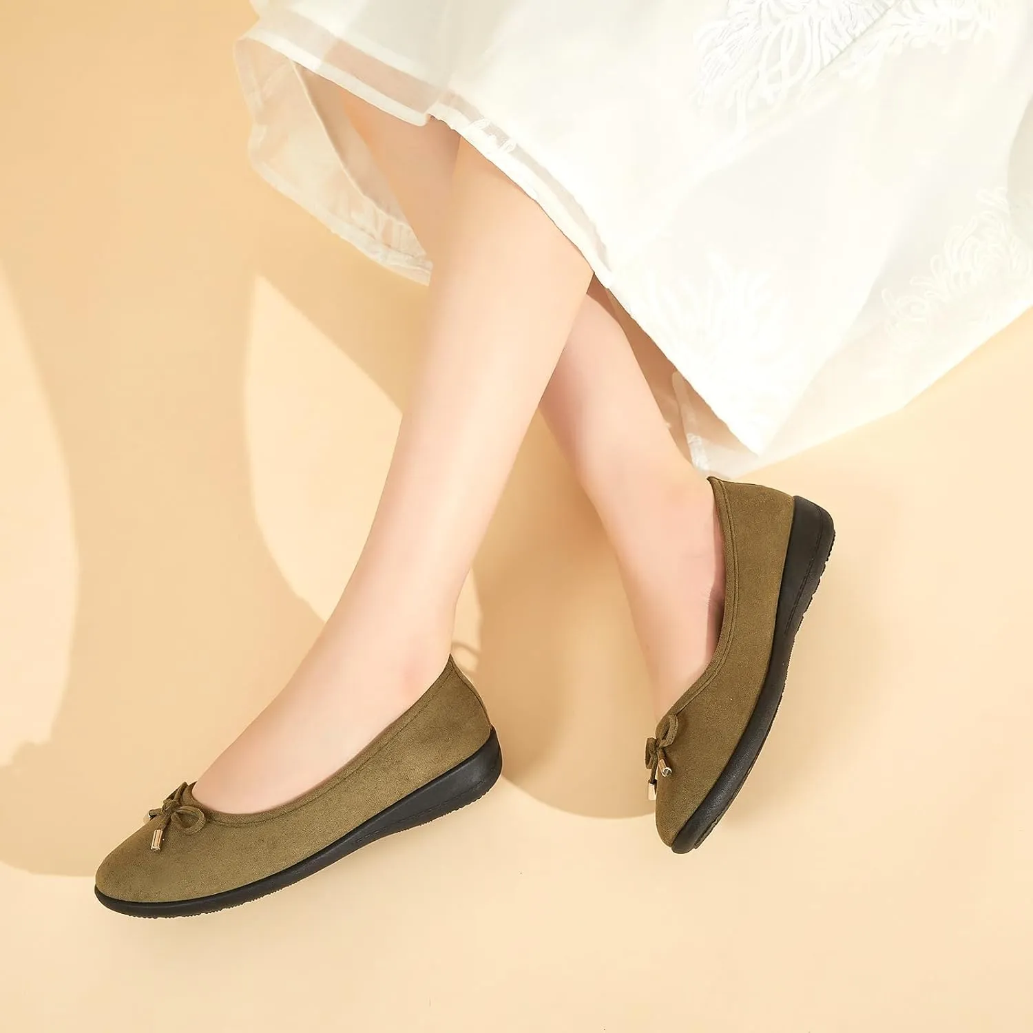 Eydram Women's Flats with Bowknot,Faux Suede Womens Dress Shoes,Round Toe Ballet Flats