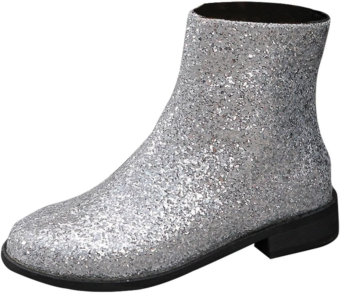 Fashion Glitter Ankle Boots Women Sparkly Zipper Low Heel Booties Shoes Round Toe Sequin Short Boot Mid Calf Bootie Wide Width Booties For Women Todays Deals In Clearance