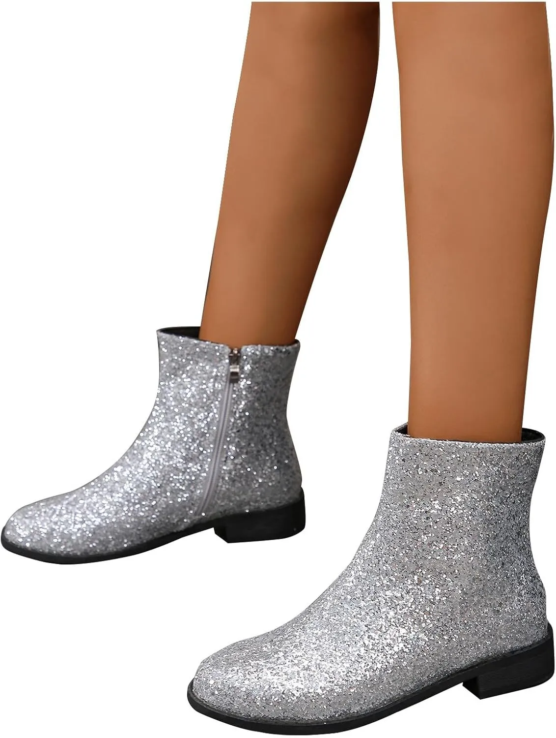 Fashion Glitter Ankle Boots Women Sparkly Zipper Low Heel Booties Shoes Round Toe Sequin Short Boot Mid Calf Bootie Wide Width Booties For Women Todays Deals In Clearance