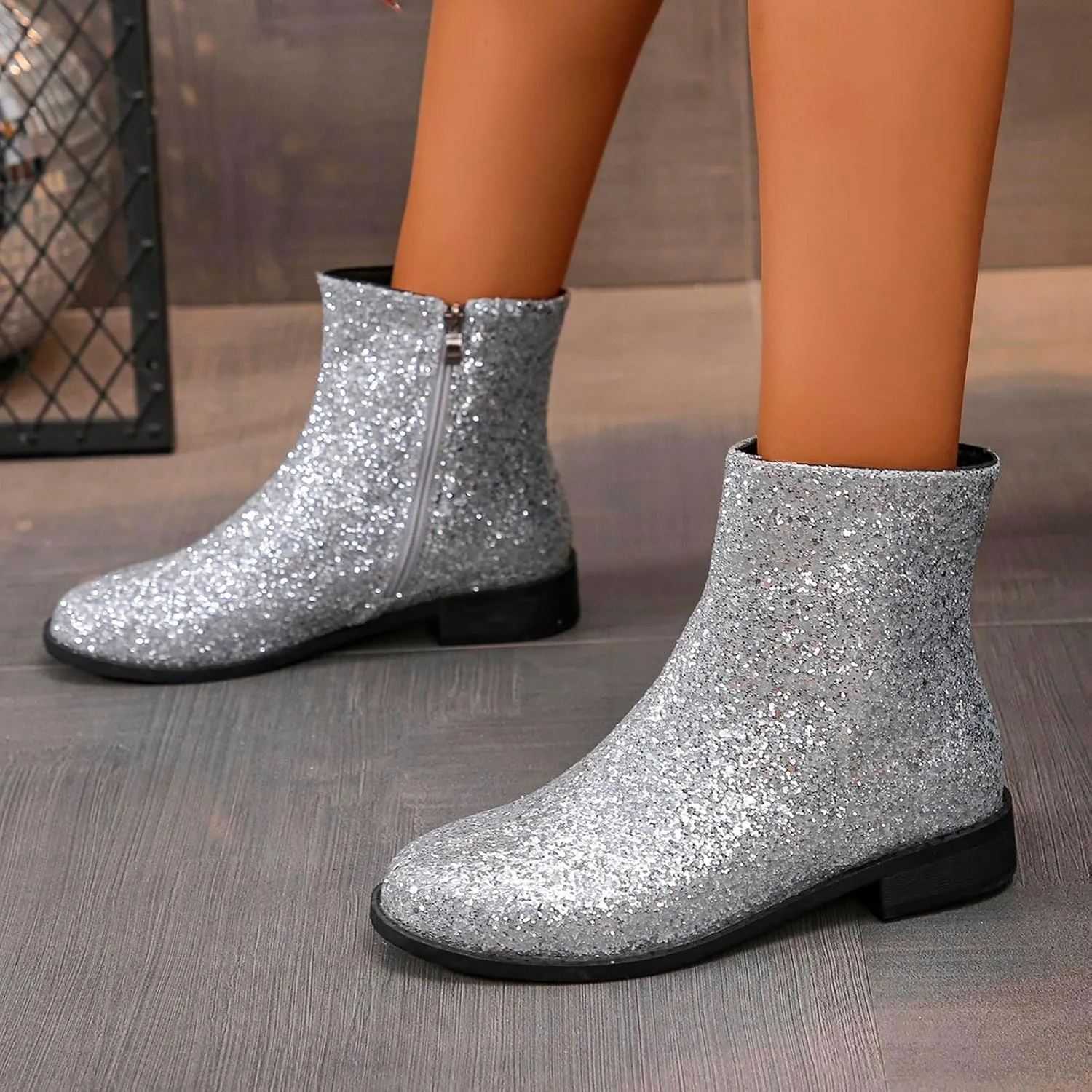 Fashion Glitter Ankle Boots Women Sparkly Zipper Low Heel Booties Shoes Round Toe Sequin Short Boot Mid Calf Bootie Wide Width Booties For Women Todays Deals In Clearance