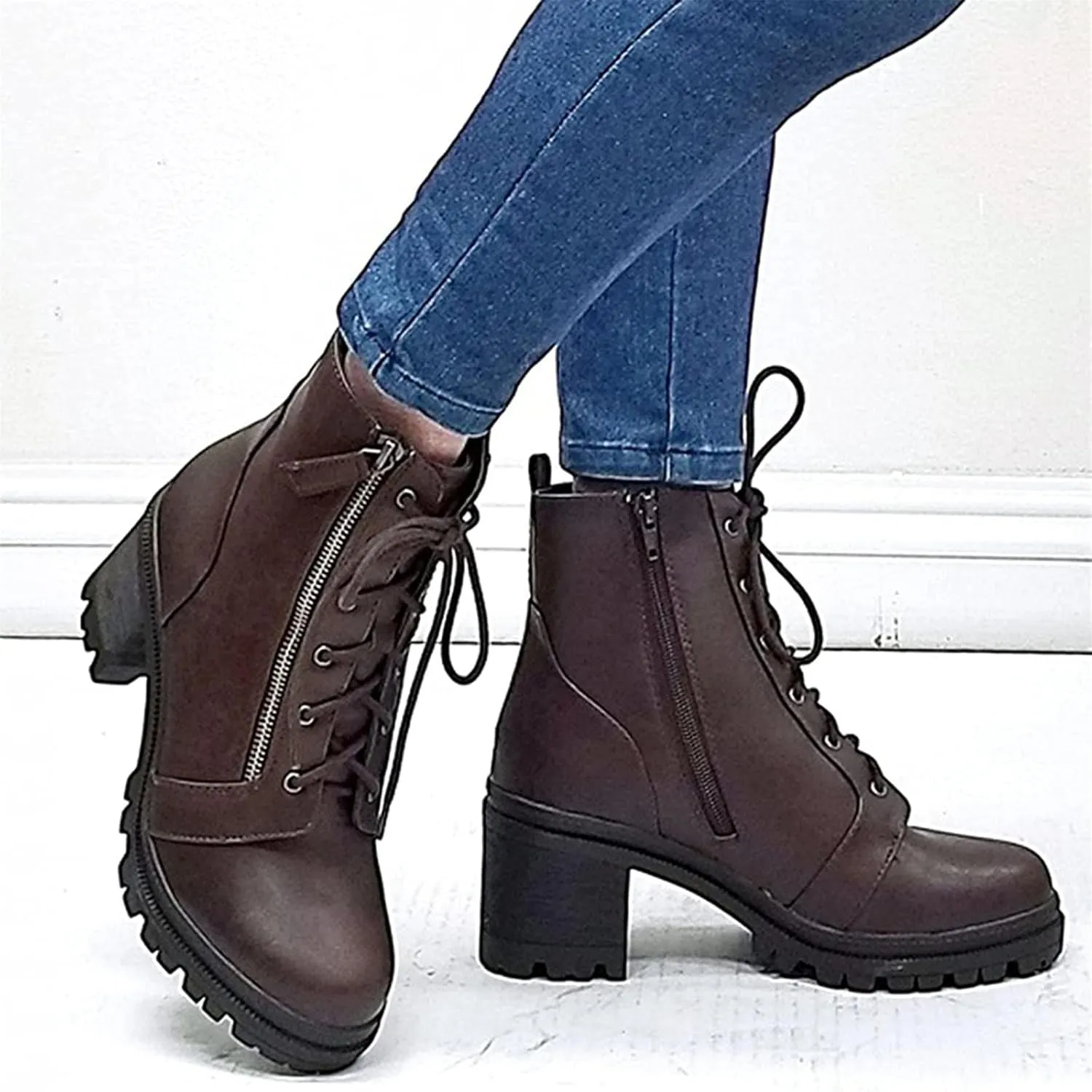 FFZSQ Women's Lace Up Boots Gothic Plateau Block Heel Ankle Boots Lolita Cosplay Ankle Boots Ankle Shoes Zipper Winter Comfort Non-Slip Snow Boot