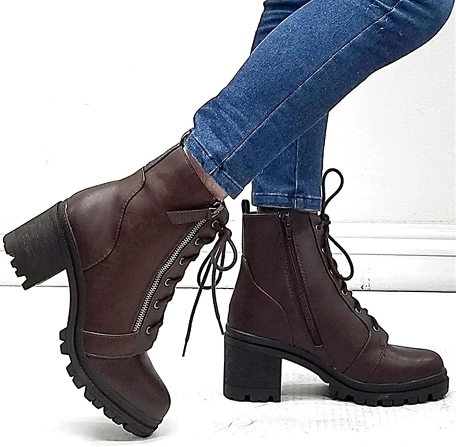 FFZSQ Women's Lace Up Boots Gothic Plateau Block Heel Ankle Boots Lolita Cosplay Ankle Boots Ankle Shoes Zipper Winter Comfort Non-Slip Snow Boot