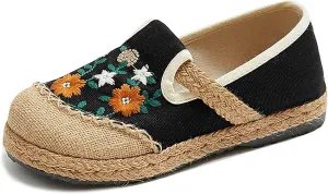 Floral Embroidered Flats Shoes for Women Ladies Casual Low Heels Wedge Closed Round Toe Breathable Dressy Slip On Loafers Comfort Ballet Dress Shoes for Work Nurse
