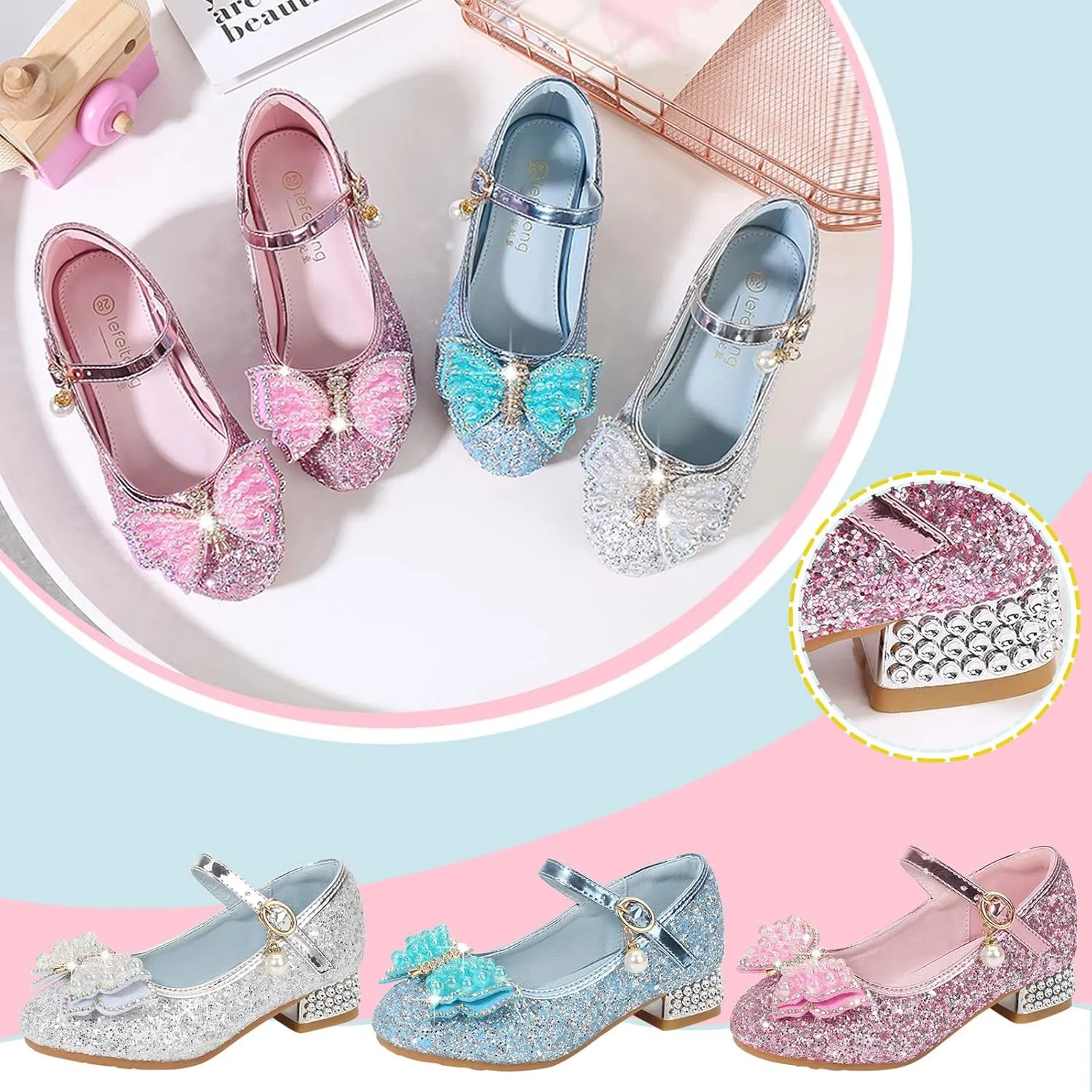 Flower Girls Wedding Heel Princess Shoes Flats for Kid Toddler Mary Jane Glitter Bows Sequin Party Dress Shoes