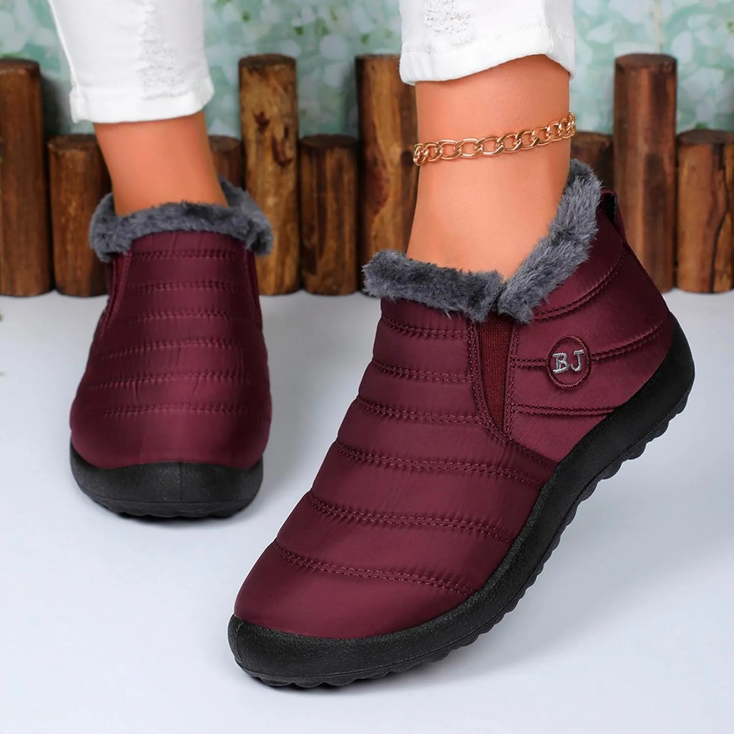 Fur Lined Ankle Boots Women Winter Warm Fleece Shoes Comfort Flat Booties Slip on Snow Booties Walking Boot