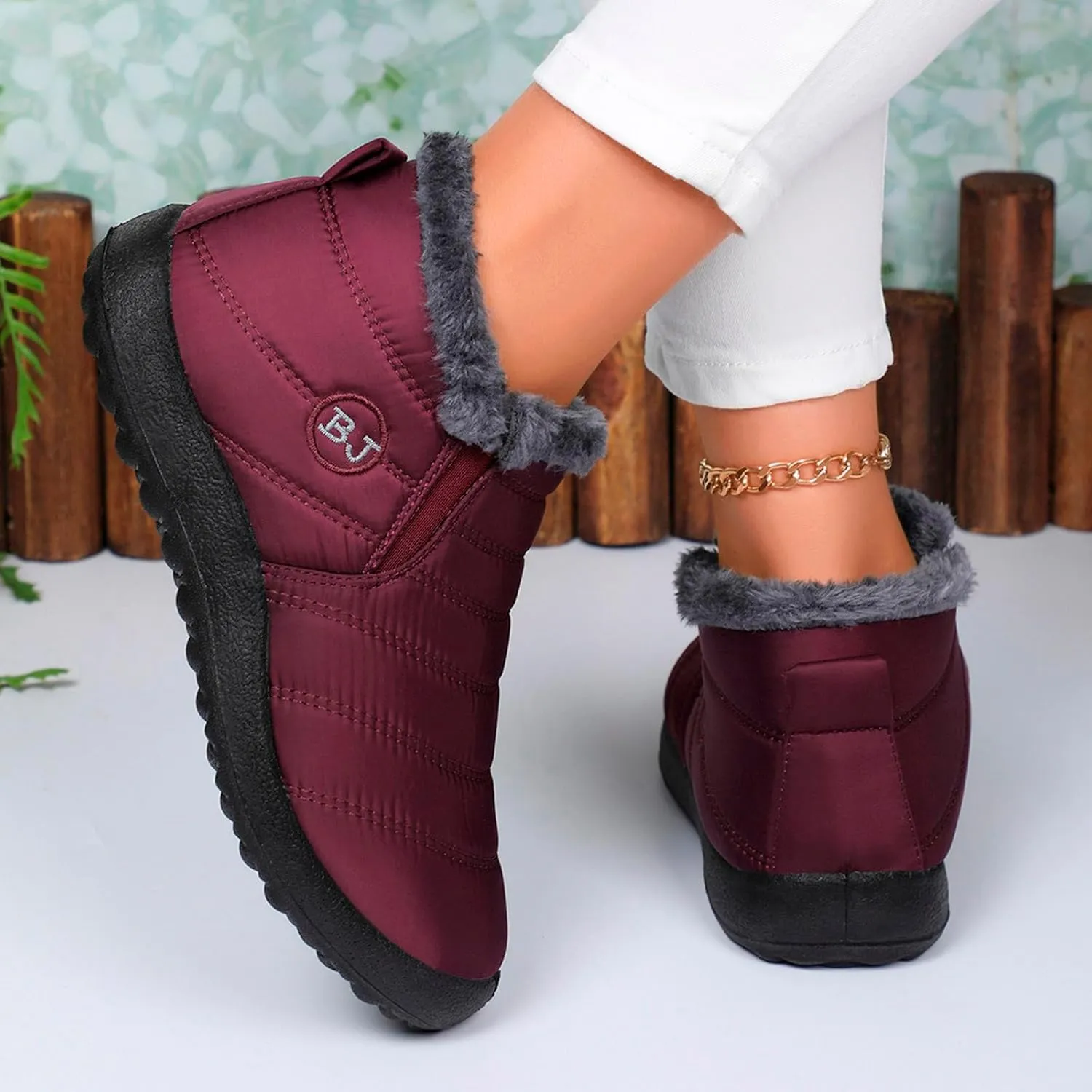 Fur Lined Ankle Boots Women Winter Warm Fleece Shoes Comfort Flat Booties Slip on Snow Booties Walking Boot