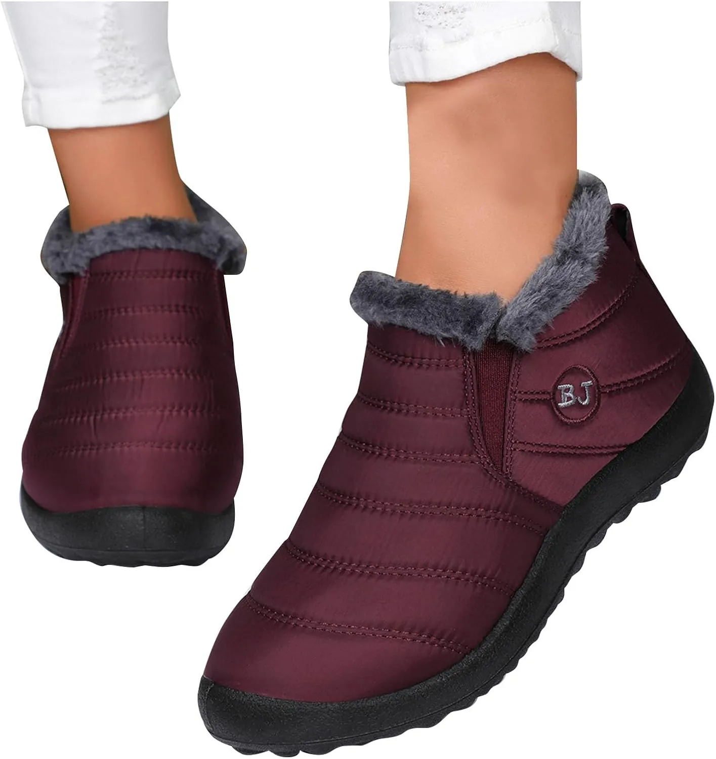 Fur Lined Ankle Boots Women Winter Warm Fleece Shoes Comfort Flat Booties Slip on Snow Booties Walking Boot