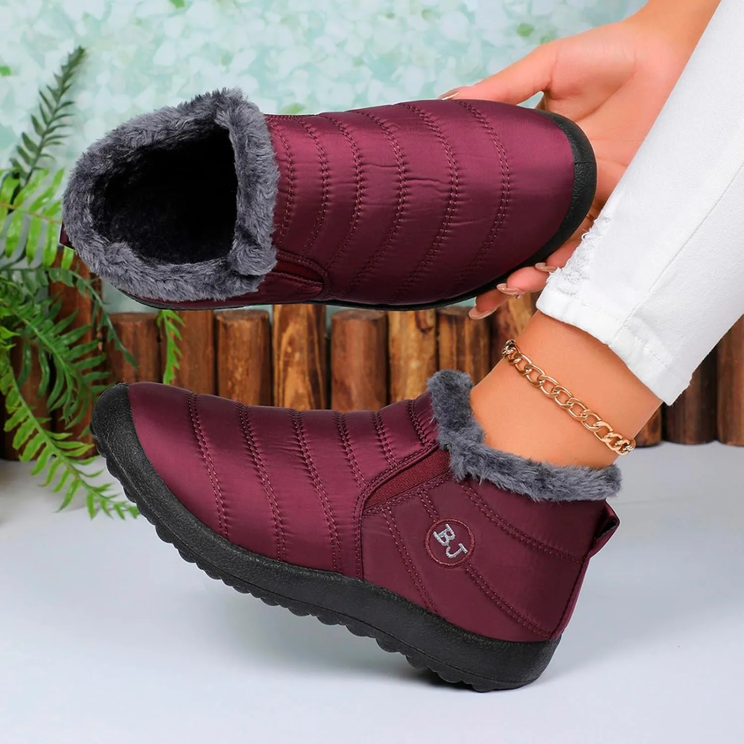 Fur Lined Ankle Boots Women Winter Warm Fleece Shoes Comfort Flat Booties Slip on Snow Booties Walking Boot