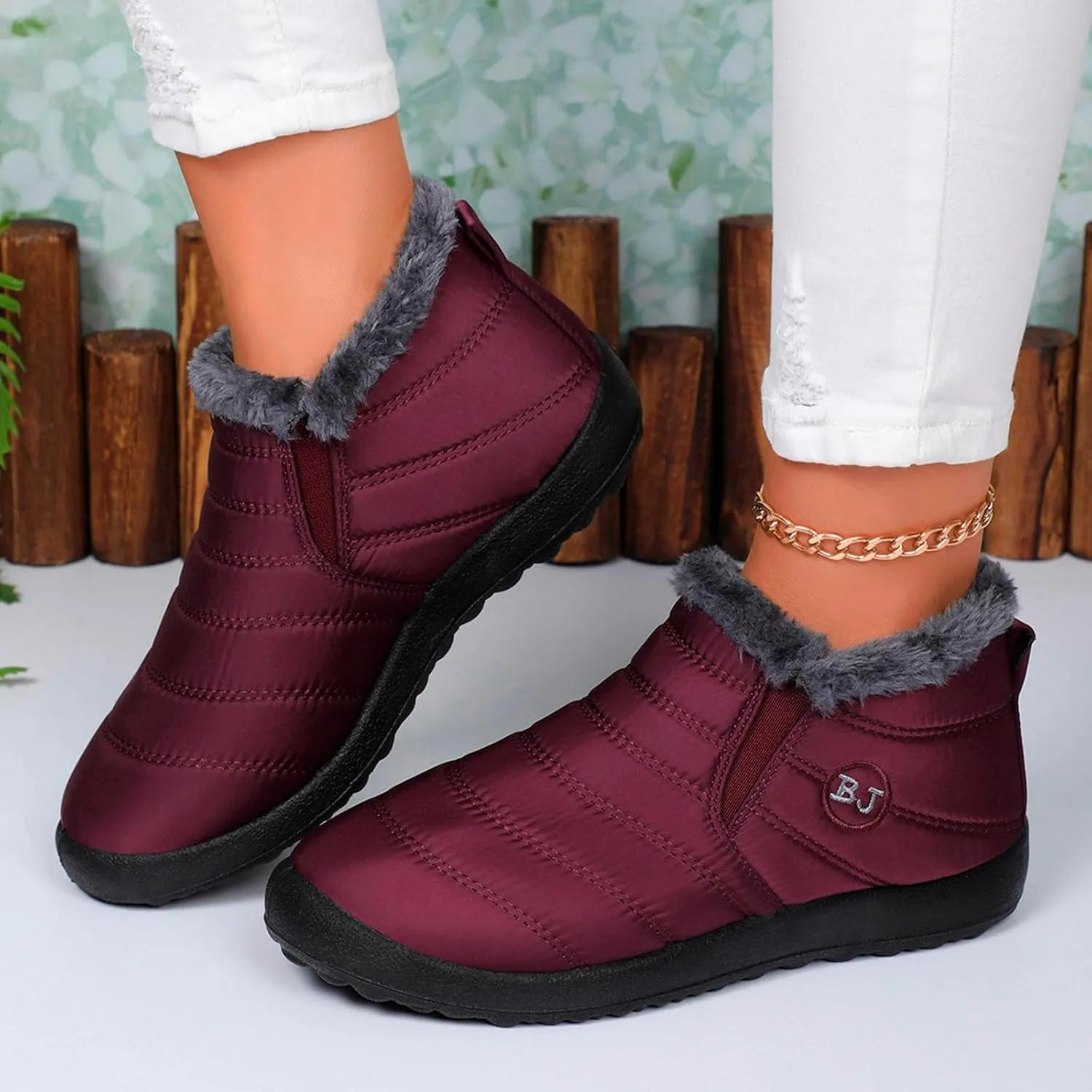 Fur Lined Ankle Boots Women Winter Warm Fleece Shoes Comfort Flat Booties Slip on Snow Booties Walking Boot
