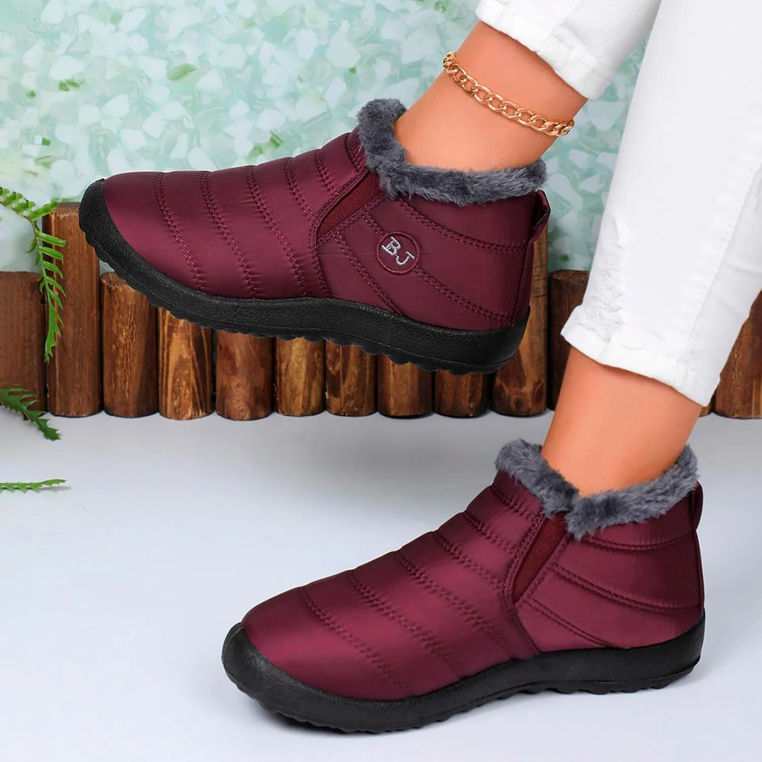 Fur Lined Ankle Boots Women Winter Warm Fleece Shoes Comfort Flat Booties Slip on Snow Booties Walking Boot