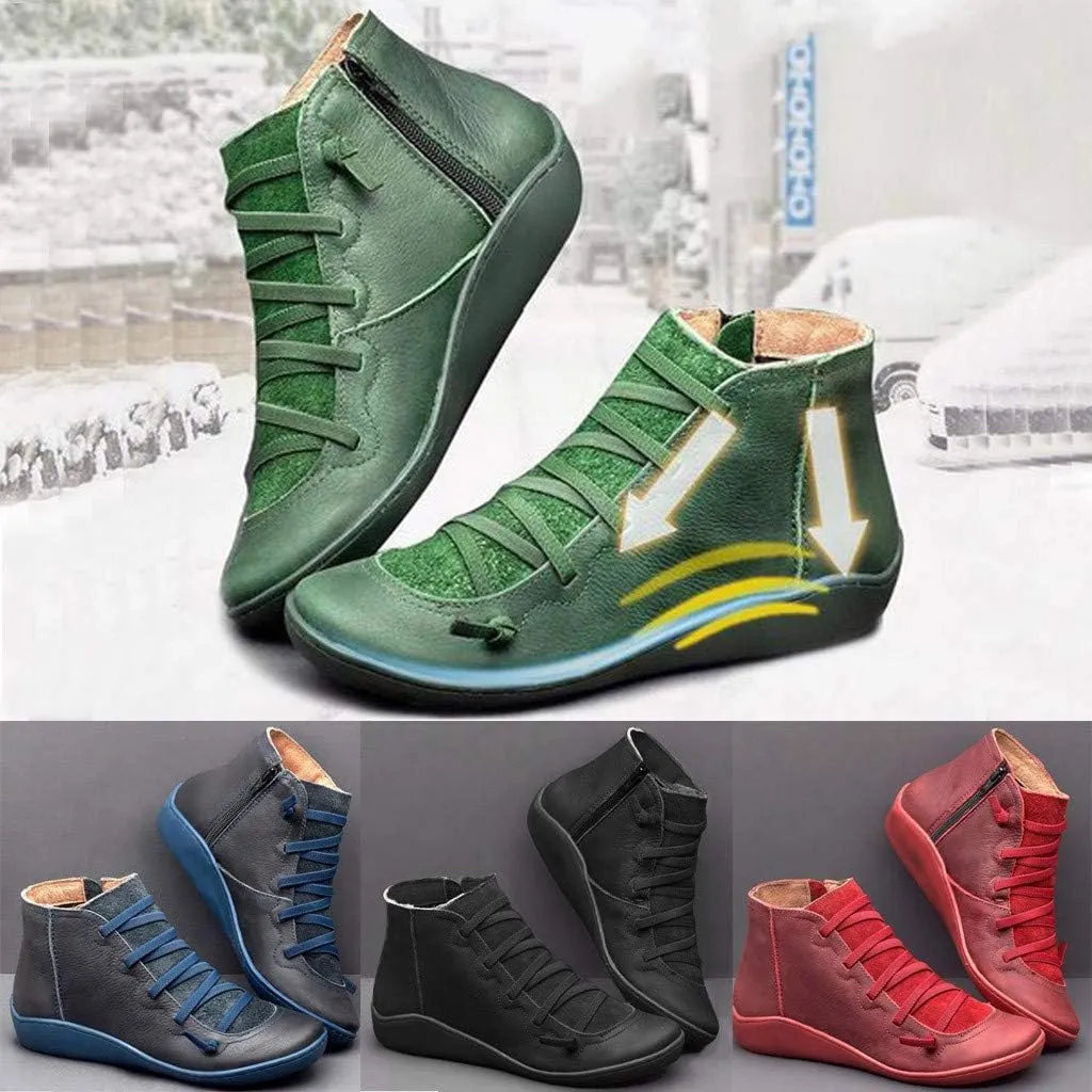 Gibobby Ankle Booties for Women Flat Heel,New Arch Support Ankle Boots Damping Shoes Lace-up Boots Side Zipper Booties