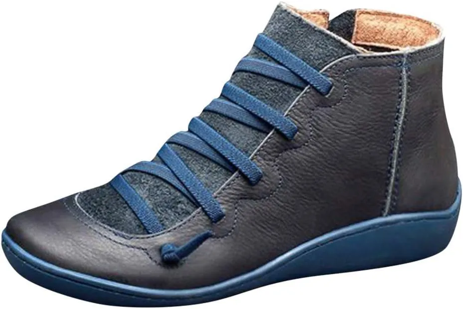 Gibobby Ankle Booties for Women Flat Heel,New Arch Support Ankle Boots Damping Shoes Lace-up Boots Side Zipper Booties