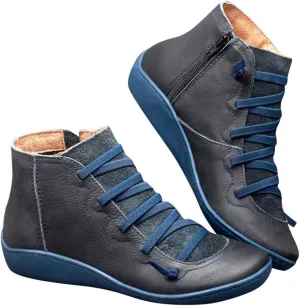 Gibobby Ankle Booties for Women Flat Heel,New Arch Support Ankle Boots Damping Shoes Lace-up Boots Side Zipper Booties