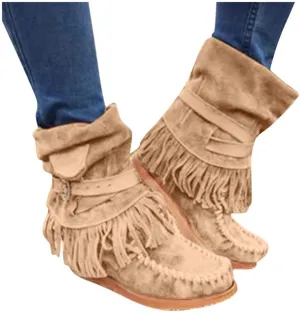 Gibobby Ankle Booties for Women Low Heel,Western Fringe Chunky Pointy Toe Boots Tassel Stacked Heel Suede Ankle Boots