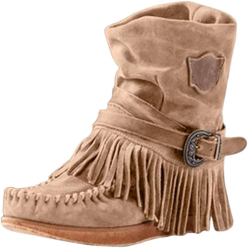 Gibobby Ankle Booties for Women Low Heel,Western Fringe Chunky Pointy Toe Boots Tassel Stacked Heel Suede Ankle Boots