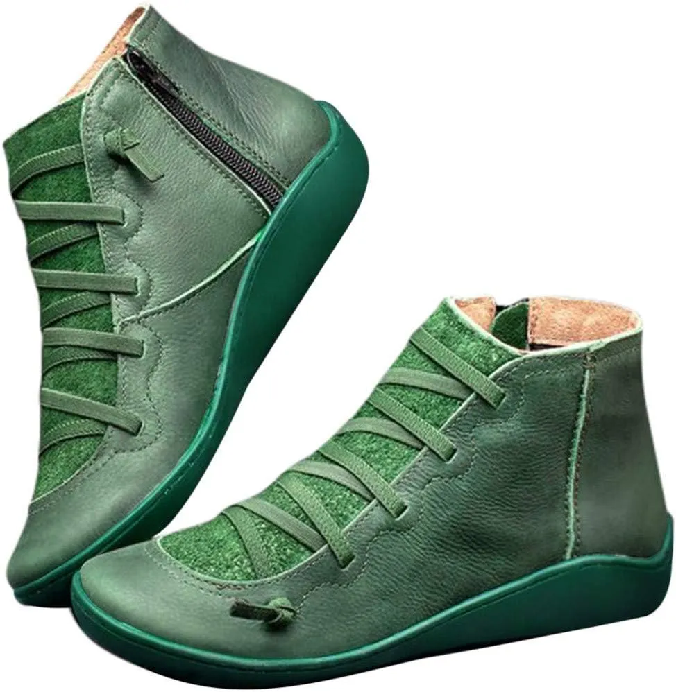 Gibobby Ankle Booties for Women No Heel,Casual Shoes Ankle Boots Round Toe Flat Retro Boots Side Zipper Booties