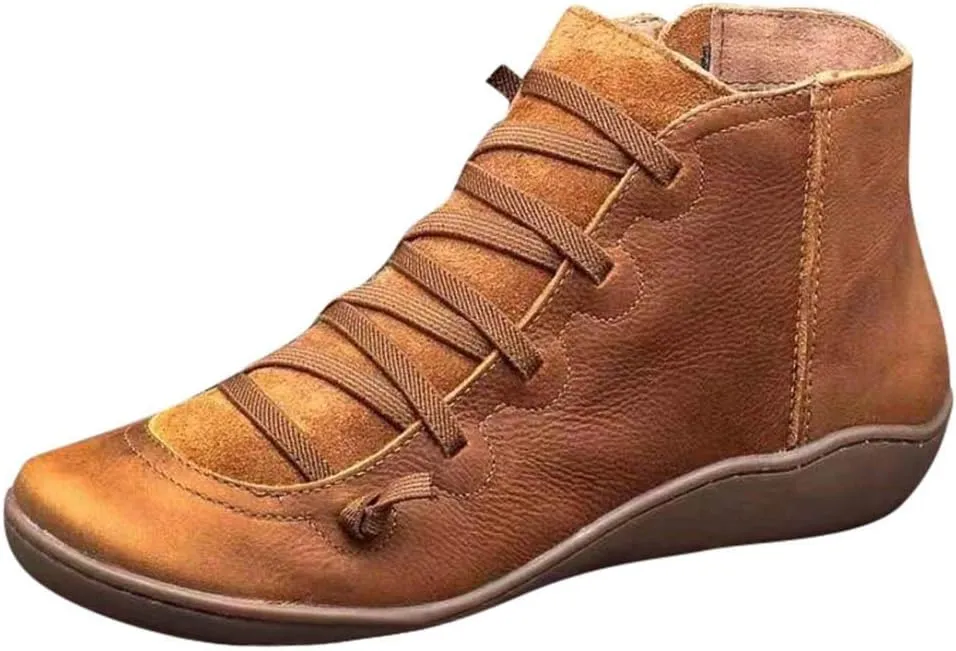 Gibobby Ankle Booties for Women No Heel,Casual Shoes Ankle Boots Round Toe Flat Retro Boots Side Zipper Booties