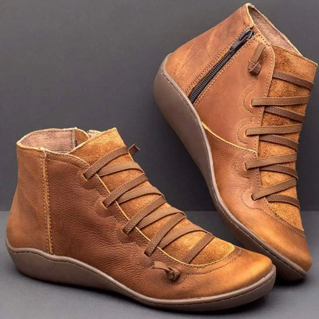 Gibobby Ankle Booties for Women No Heel,Casual Shoes Ankle Boots Round Toe Flat Retro Boots Side Zipper Booties