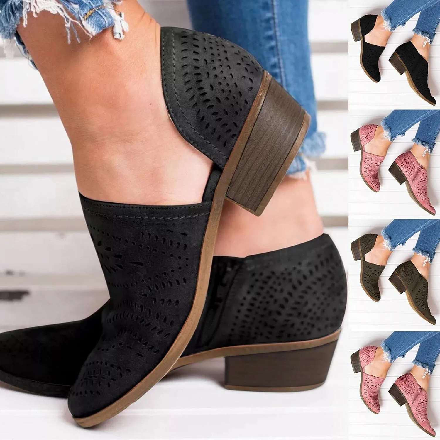 Gibobby Ankle Booties for Women V Cut,Chelsea Boots Slip on Ankle Boots Chunky Pointed Toe Cutout Low Heel Shoes