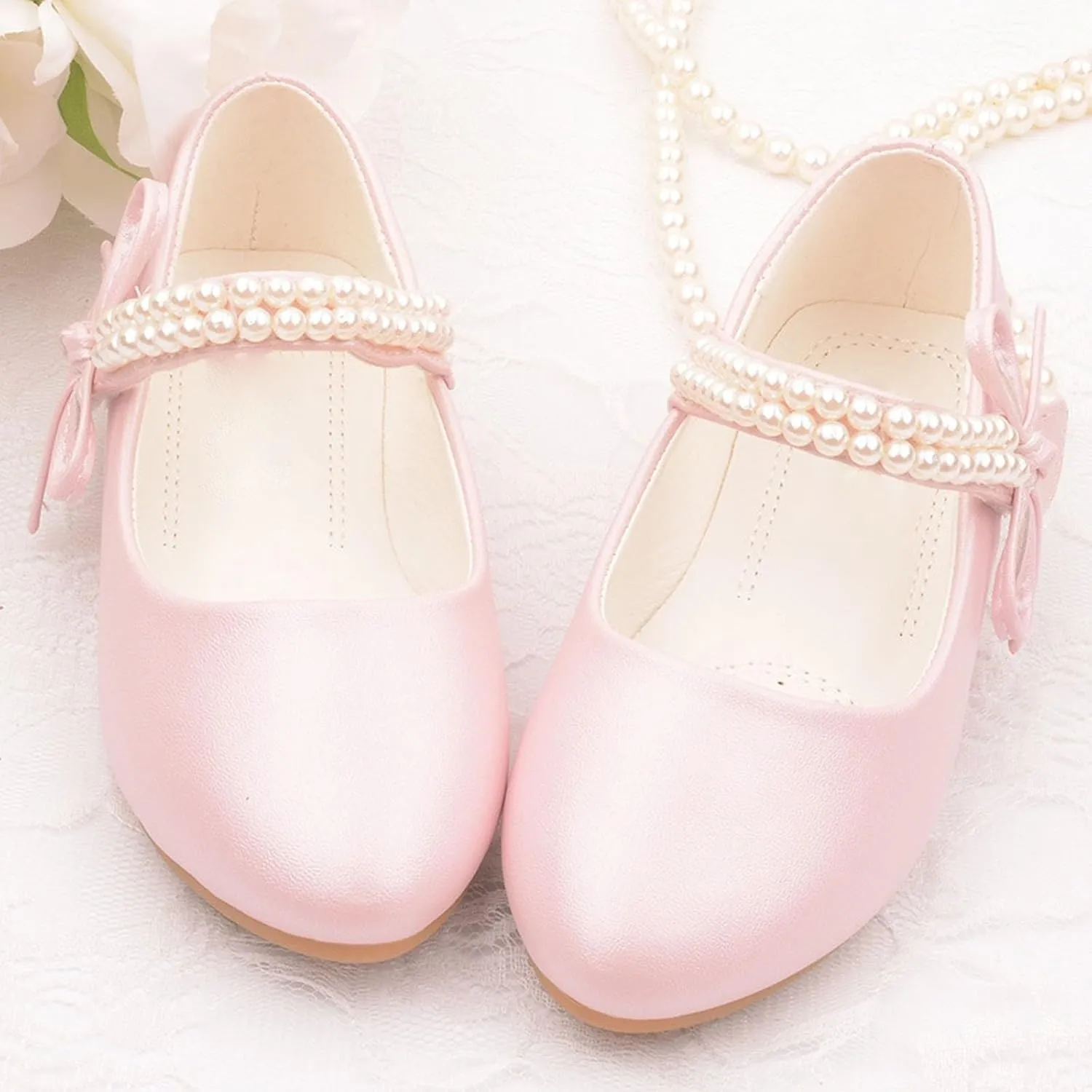 Girls Dress Shoes Toddler Flower Girl Dress Shoes Little Girl Ballet Flats Pearl Strap for Wedding Party