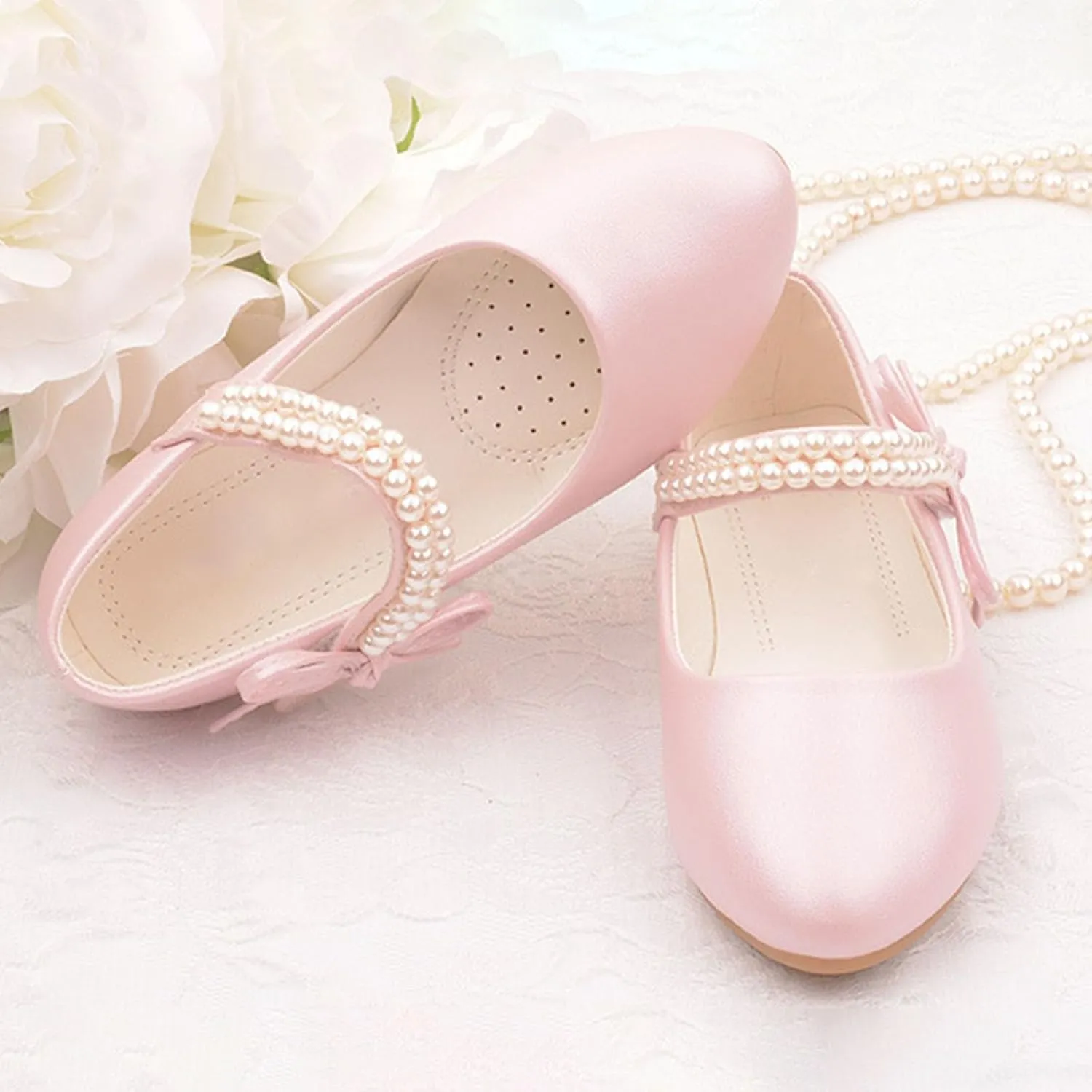 Girls Dress Shoes Toddler Flower Girl Dress Shoes Little Girl Ballet Flats Pearl Strap for Wedding Party