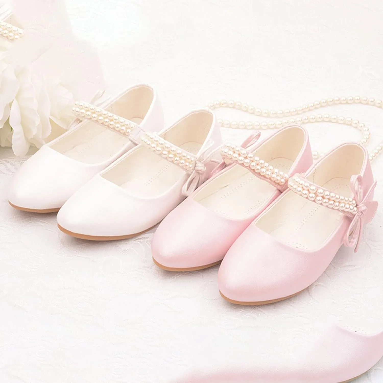 Girls Dress Shoes Toddler Flower Girl Dress Shoes Little Girl Ballet Flats Pearl Strap for Wedding Party