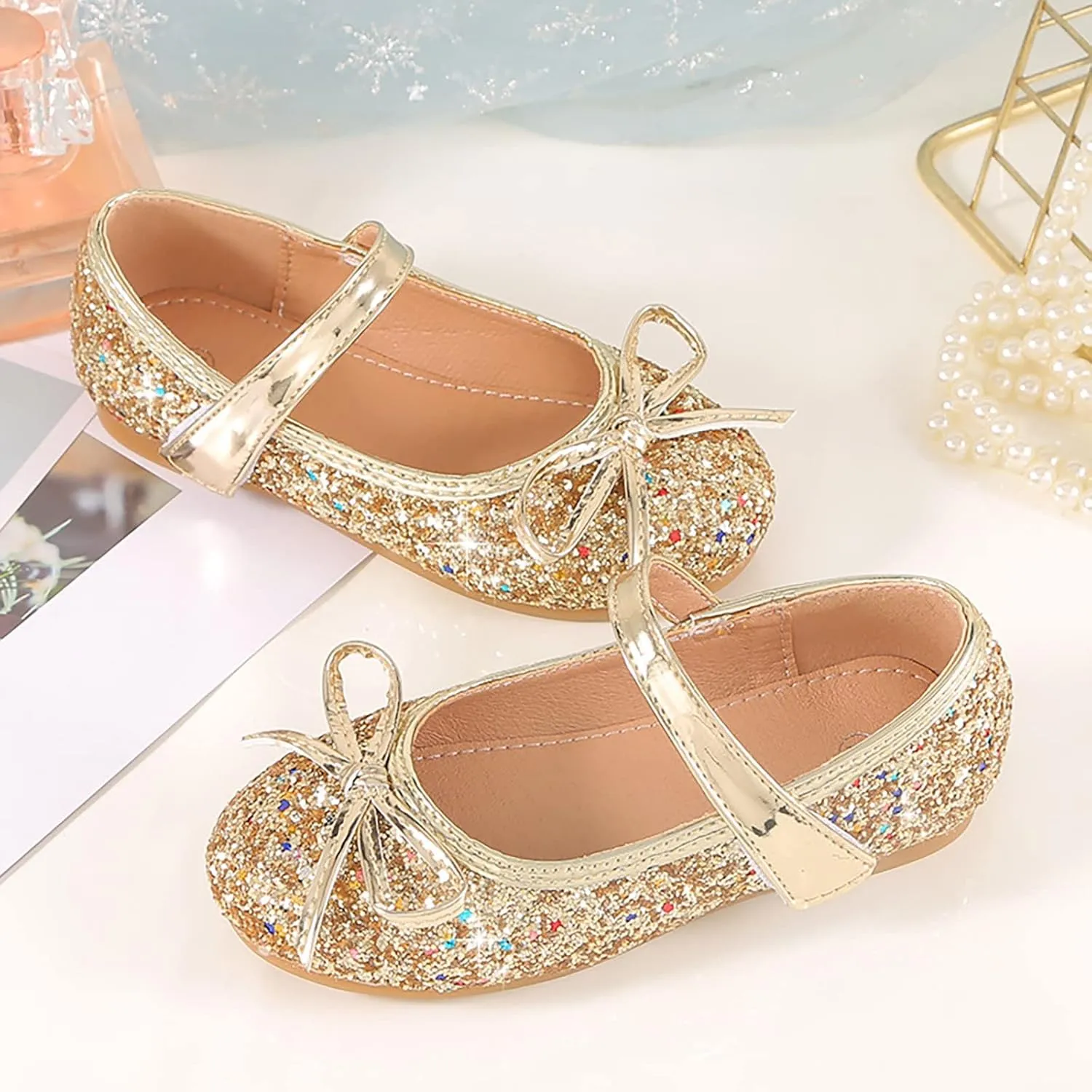 Girls Dress Shoes Wedding Party School Mary Jane Flower Flats Glitter Sequins Slip On Ballet Dance Shoes
