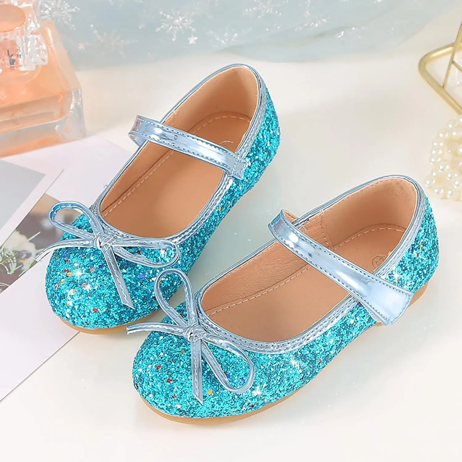 Girls Dress Shoes Wedding Party School Mary Jane Flower Flats Glitter Sequins Slip On Ballet Dance Shoes