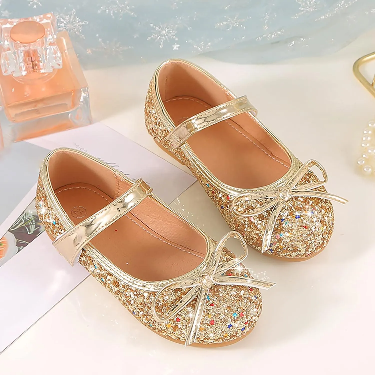 Girls Dress Shoes Wedding Party School Mary Jane Flower Flats Glitter Sequins Slip On Ballet Dance Shoes