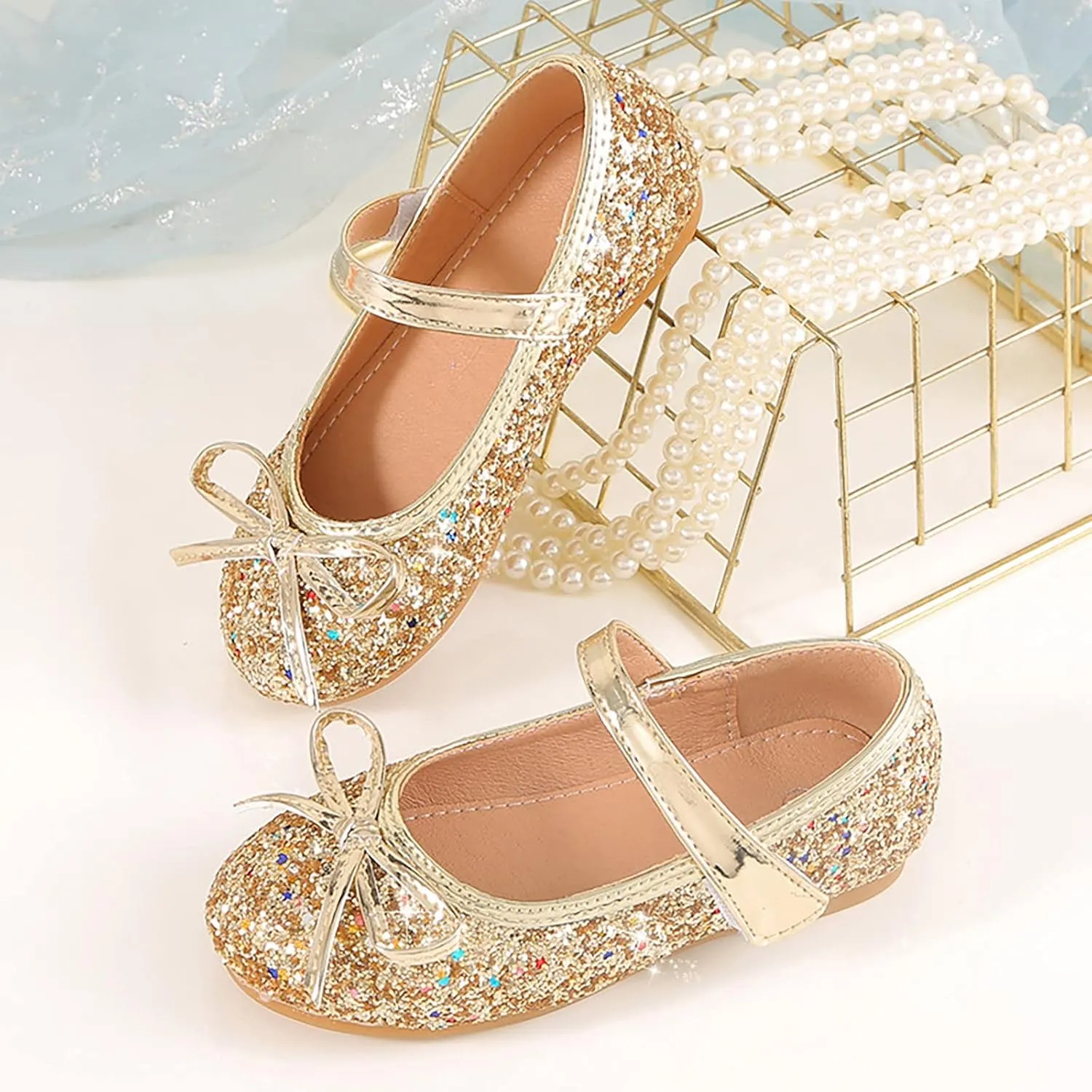 Girls Dress Shoes Wedding Party School Mary Jane Flower Flats Glitter Sequins Slip On Ballet Dance Shoes