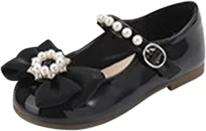 Girls Dress Shoes with Pearls Bow Toddler Mary Jane Flats Flower Girl Shoes for Wedding Party Shoes Ballet Shoes