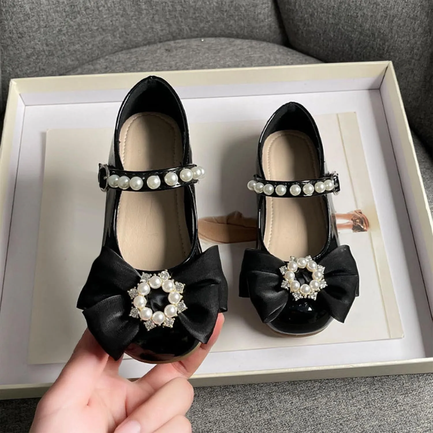 Girls Dress Shoes with Pearls Bow Toddler Mary Jane Flats Flower Girl Shoes for Wedding Party Shoes Ballet Shoes
