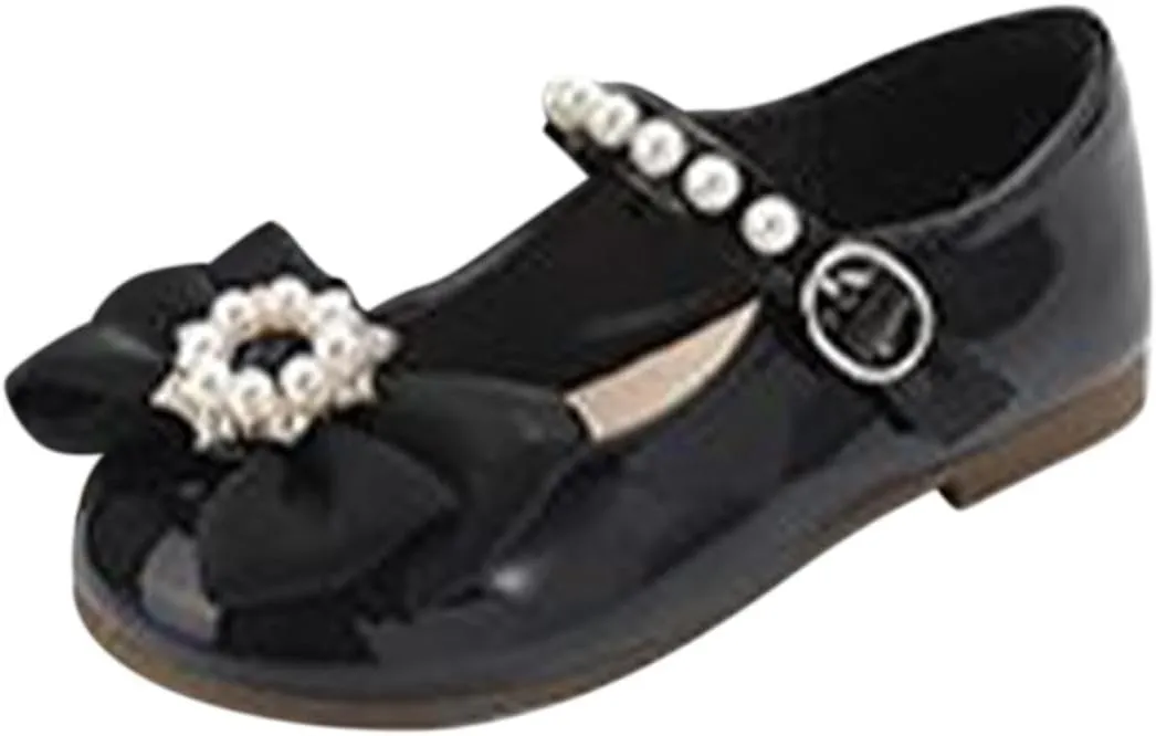 Girls Dress Shoes with Pearls Bow Toddler Mary Jane Flats Flower Girl Shoes for Wedding Party Shoes Ballet Shoes