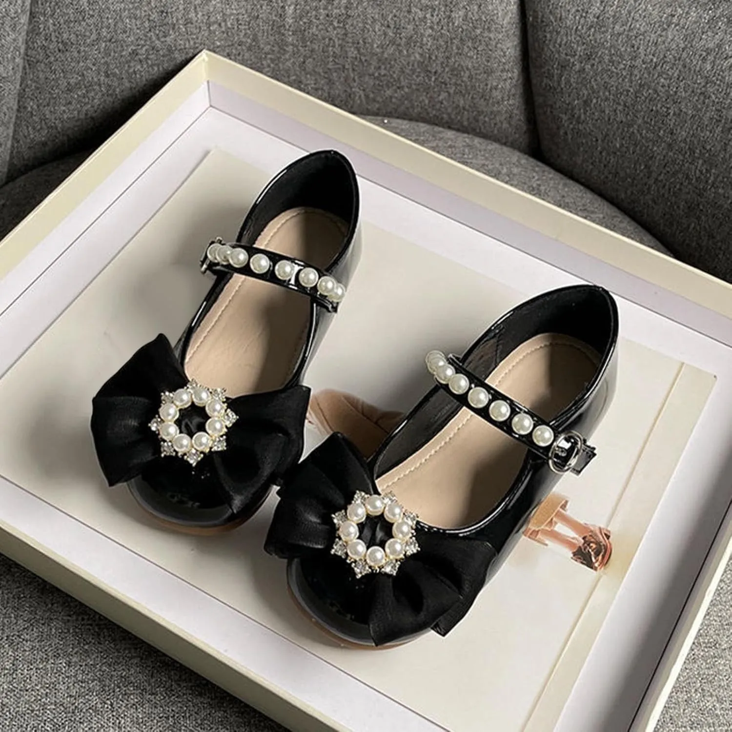 Girls Dress Shoes with Pearls Bow Toddler Mary Jane Flats Flower Girl Shoes for Wedding Party Shoes Ballet Shoes