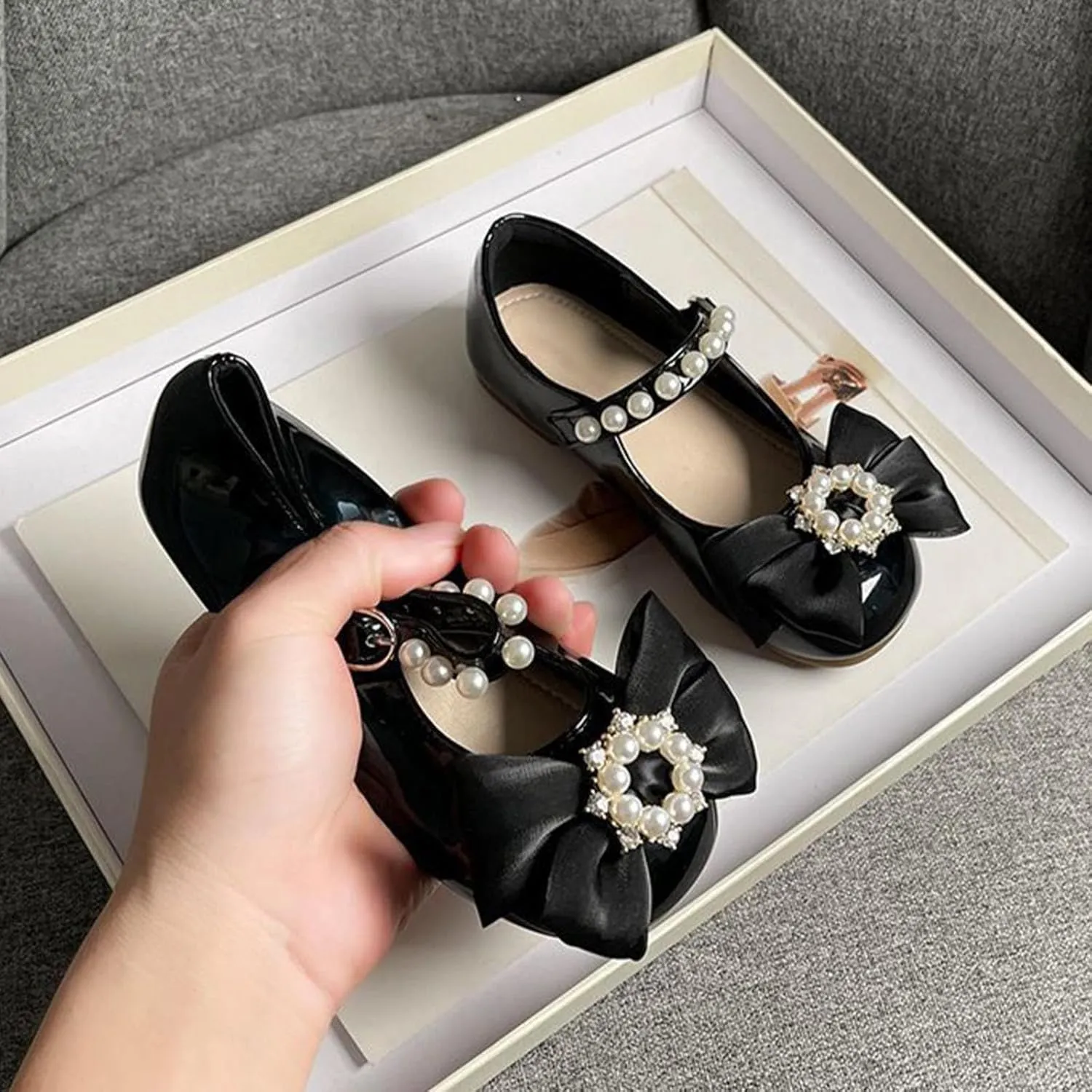Girls Dress Shoes with Pearls Bow Toddler Mary Jane Flats Flower Girl Shoes for Wedding Party Shoes Ballet Shoes