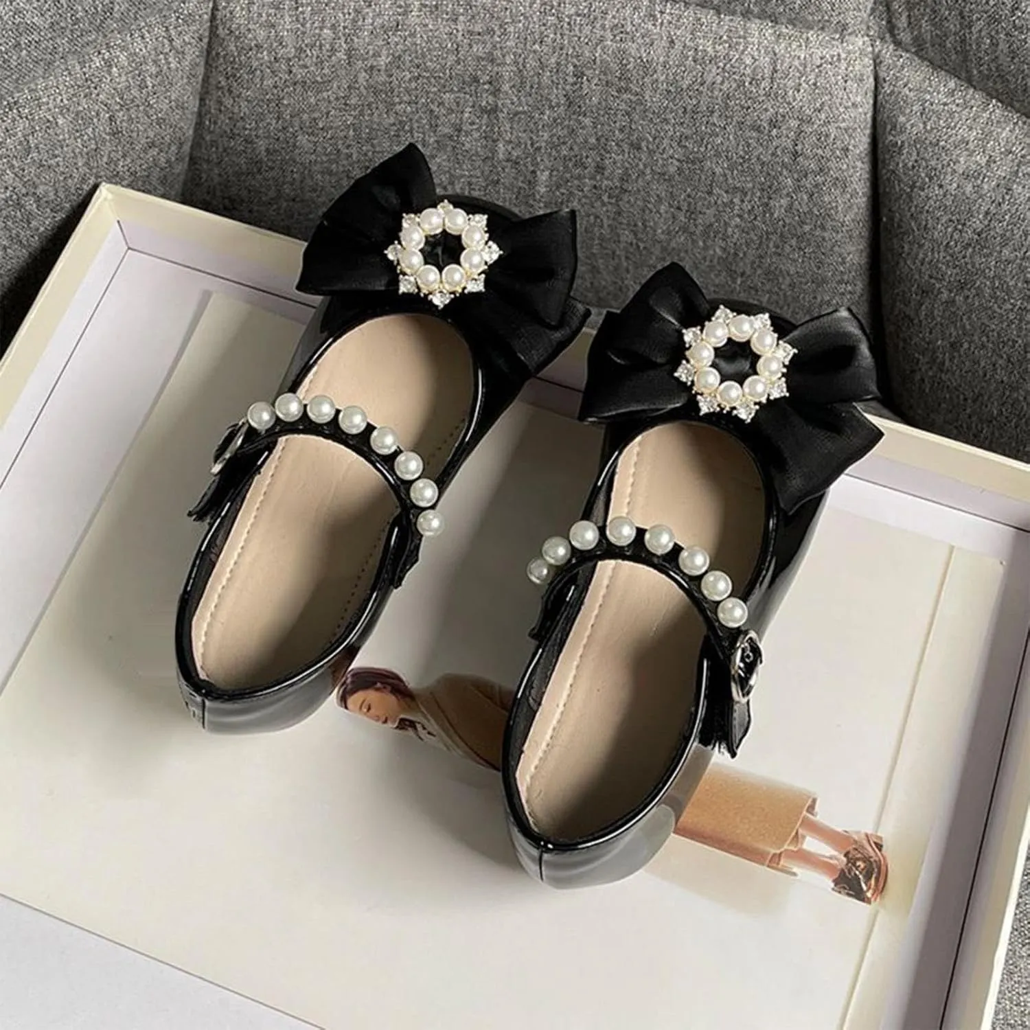 Girls Dress Shoes with Pearls Bow Toddler Mary Jane Flats Flower Girl Shoes for Wedding Party Shoes Ballet Shoes
